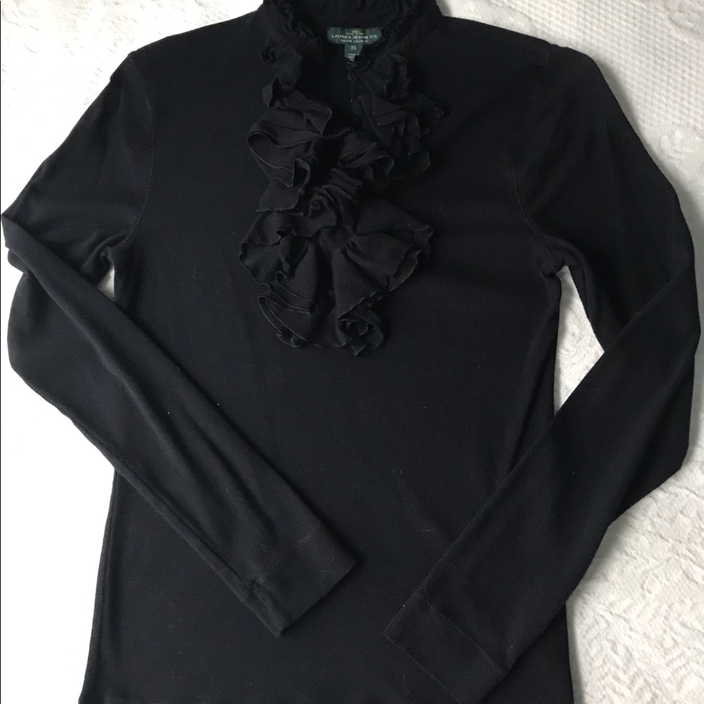 Lauren Jeans Co. Solid Black LS Ruffled Top Sz XS